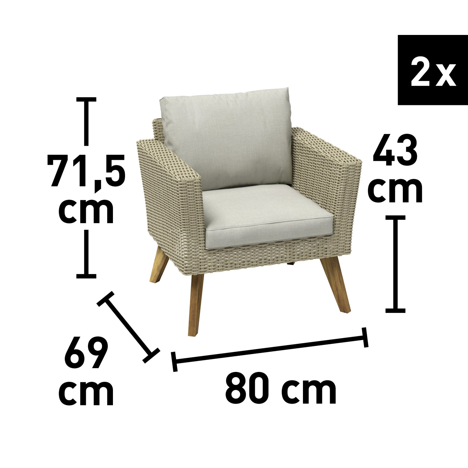 Sessel des Sofa-Lounge-Sets Borup, Wicker Beige, mit Maßen