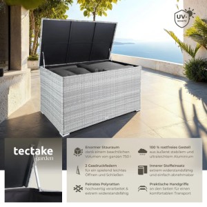 Tectake Auflagenbox Oslo, 750L, hellgrau. Gartenbox mit Rattangeflecht für Kissen und Gartenzubehör.