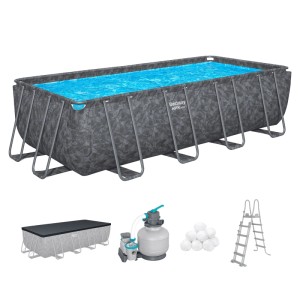 Bestway Frame Pool mit Marmor-Optik, blauem Wasser, Stahlrahmen, Sandfilteranlage, Abdeckplane, Leiter, Filterbällen.