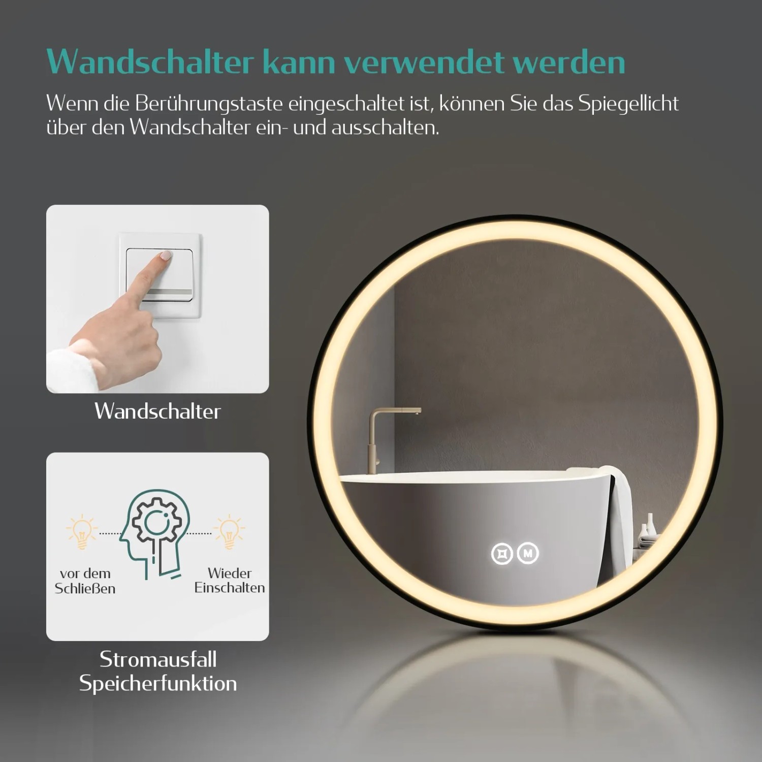 Emke Badspiegel 70cm mit Beleuchtung, 3 Farbtemperaturen und Dimmfunktion. Detailaufnahme der Wandmontage.