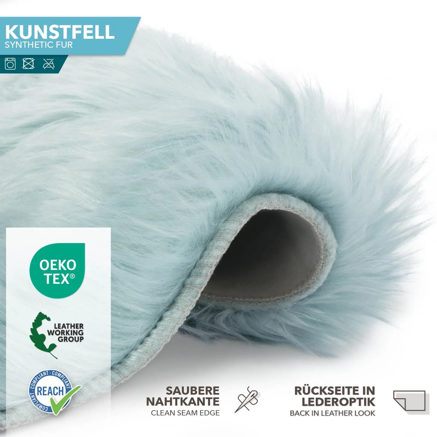 Flauschiges, hellblaues KARAT Kunstfell Nelly Dekofell, Detailaufnahme der Rückseite in Lederoptik.