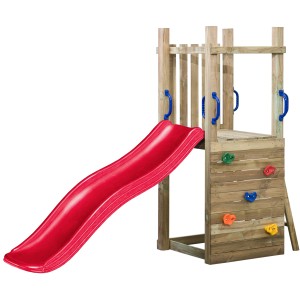 SwingKing Spielturm Irma mit roter Rutsche, Kletterwand und blauen Griffen für Kinder.