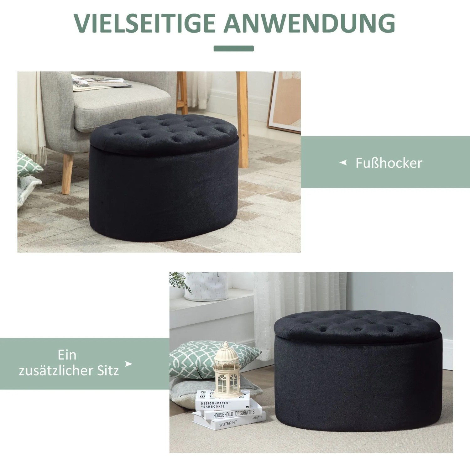 Schwarze, ovale HOMCOM Sitzbank aus Samt mit Knopfleiste. Vielseitig als Fußhocker und Stauraum-Möbelstück.