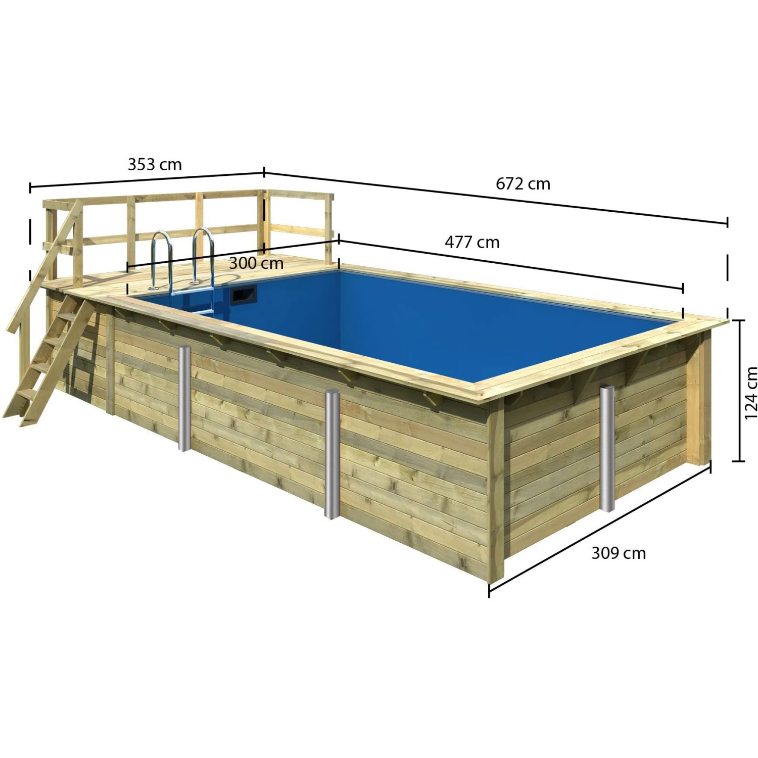 Karibu Holzpool Gr. 3 mit Terrasse, KDI, Innenhülle blau, Leiter und Maße.