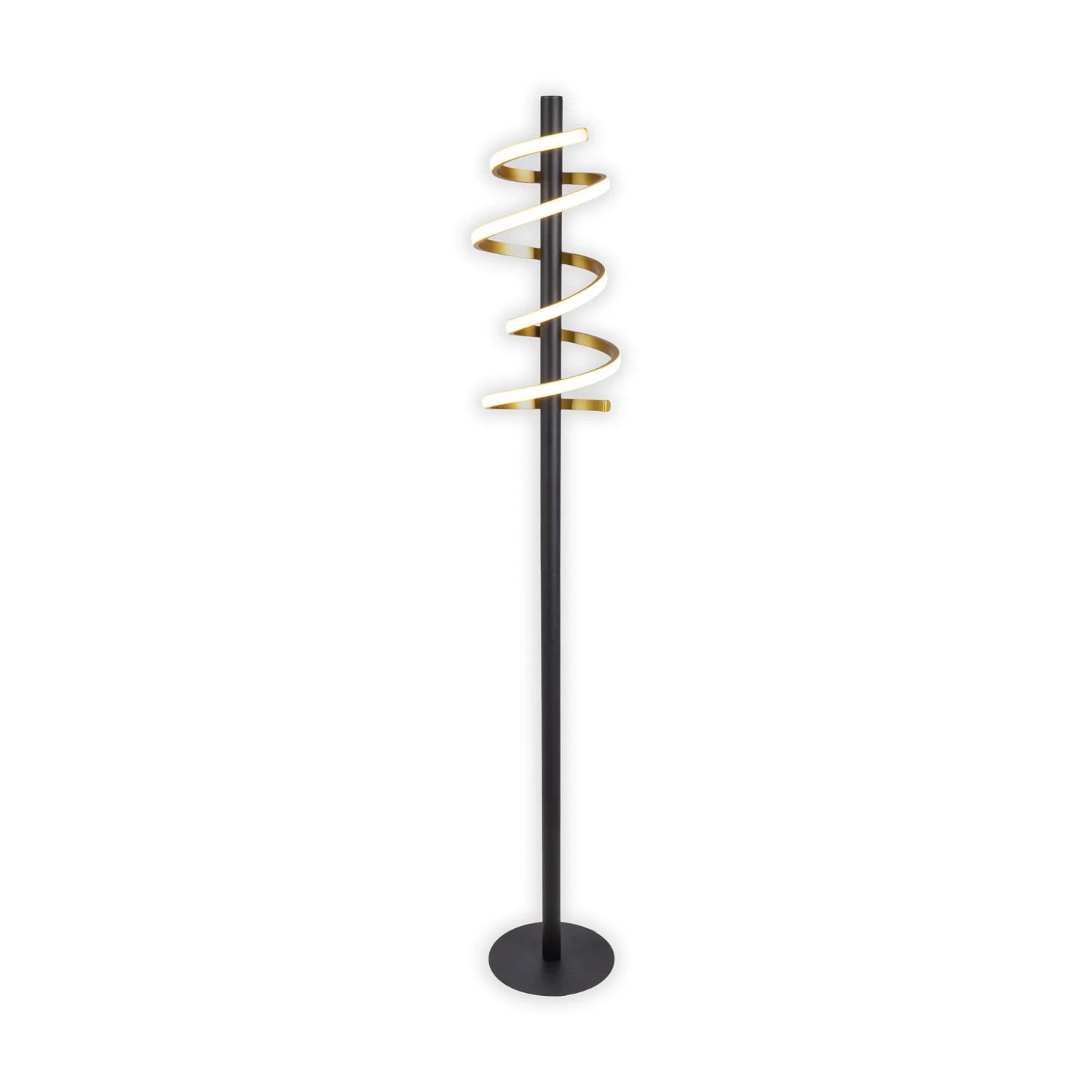 Moderne LED-Stehleuchte Belleza in Schwarz und Gold, spiralförmiges Design, 140 cm hoch.