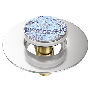 Sanilo Pop Up Waschbeckenstöpsel mit blauem Mosaikmuster und Seesternmotiv.