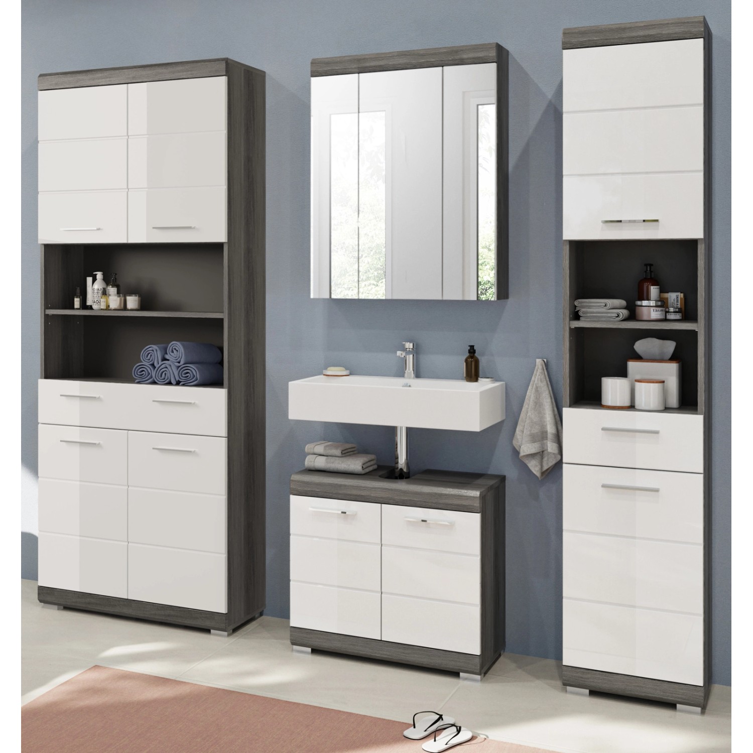 Inn.Furn Badmöbel-Set Weiß Hochglanz Grau 4-teilig 186 cm 23 Fächer Shawn günstig online kaufen