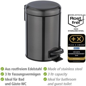 Wenko Kosmetik-Treteimer Leman, 3 l, Metallic-Schwarz, aus Edelstahl für Bad & WC.