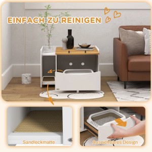 PawHut Katzenschrank für Katzentoilette mit Streuauffangmatte im Wohnzimmer.
