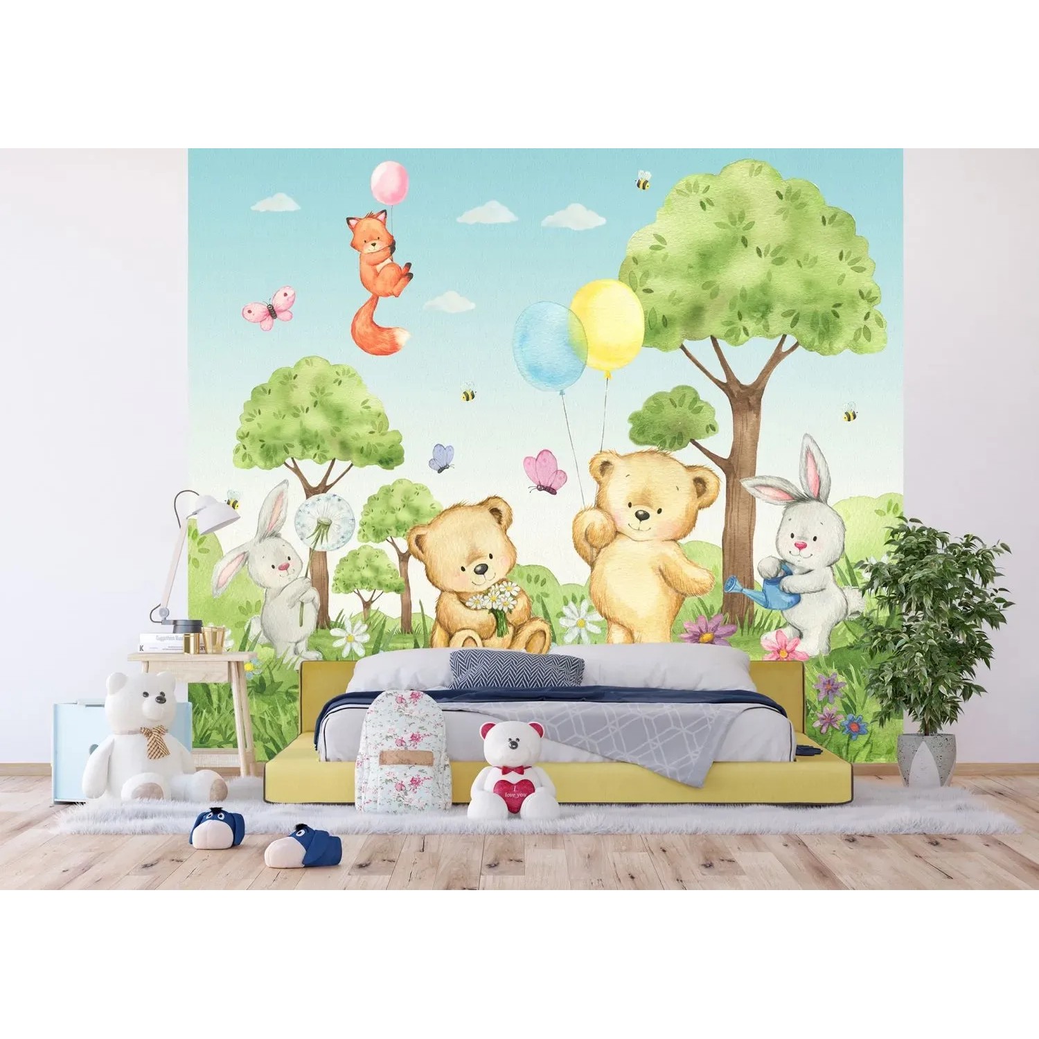 Sanders & Sanders Fototapete Wald mit Tieren, grüne und blaue Waldtiere im Kinderzimmer.