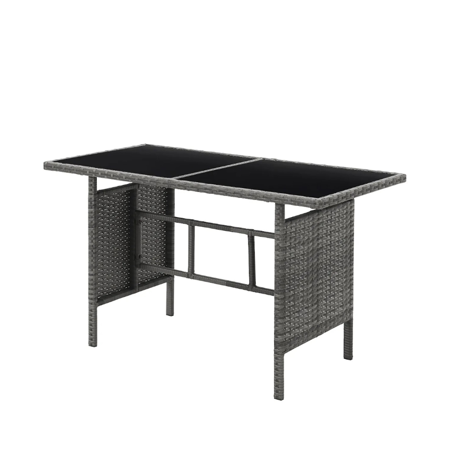 Grauer Rattan Gartentisch mit Glasplatte, Teil der Svita Brooklyn XL Essgruppe.