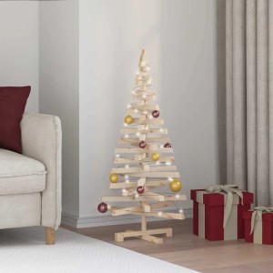 vidaXL Weihnachtsbaum Natur 120cm aus Kiefernholz mit Ständer, geschmückt mit Kugeln und Lichterkette.