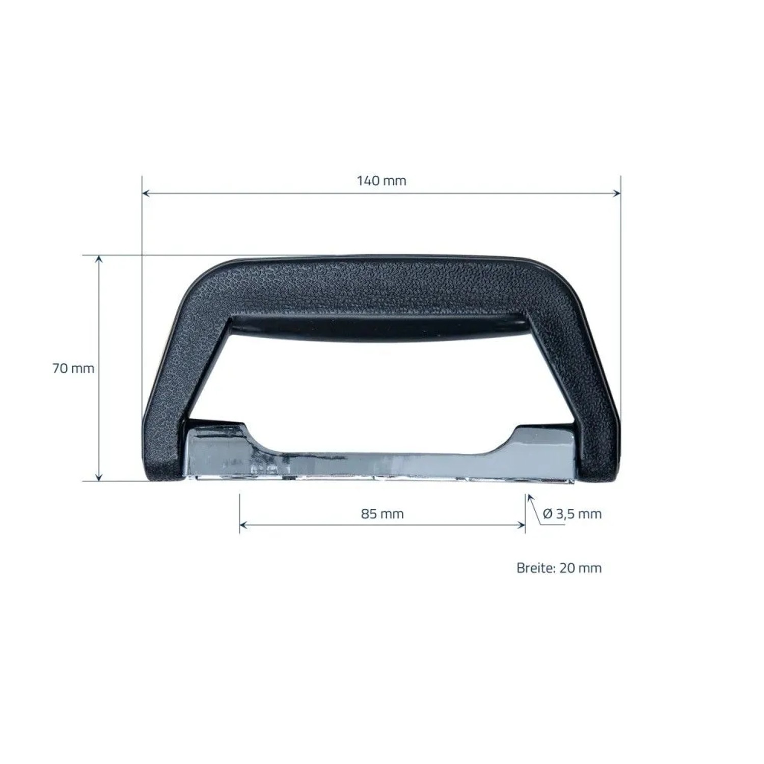 Schwarzer HMF Koffergriff aus Kunststoff, 14 x 7 cm, mit technischen Maßen. Ideal für Werkzeugkoffer.