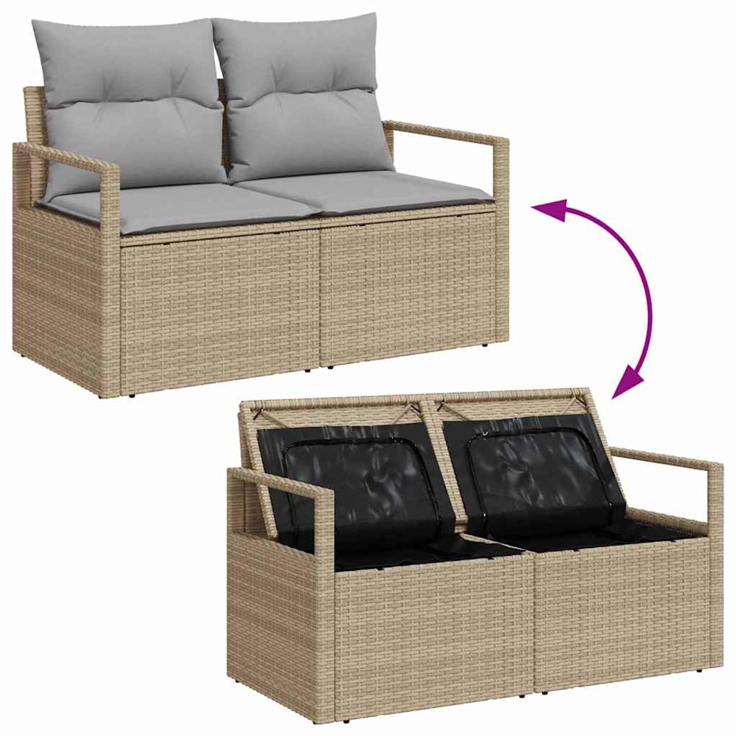 Beiges 10-teiliges Garten-Sofa-Set mit Stauraum aus Polyrattan von vidaXL.