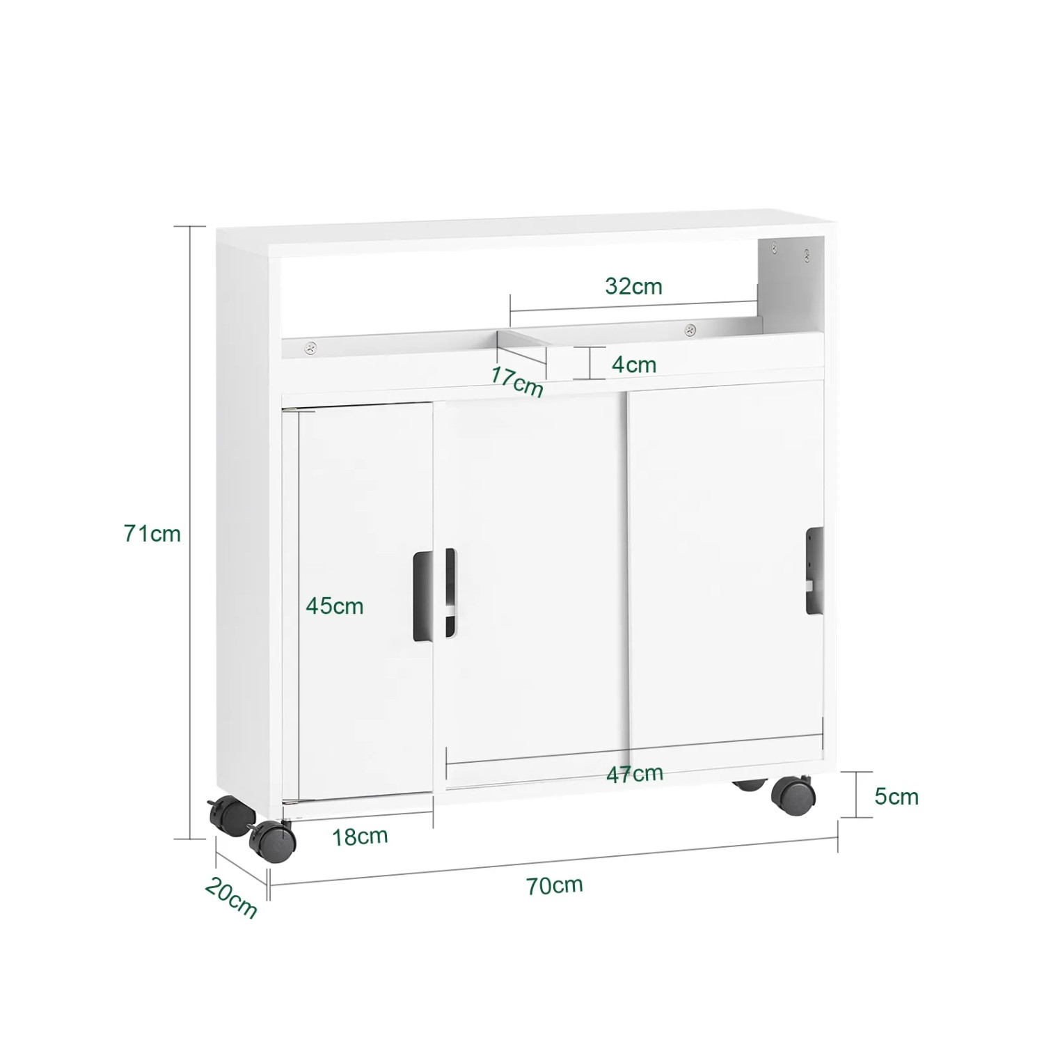 SoBuy Nischenschrank BZR02-W, weißer Badmöbel-Schrank mit Rollen und Ablage, 70x71x20cm.