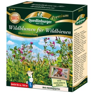Quedlinburger Wildblumen Saatgut für Wildbienen, 100g Packung mit Blumenwiese-Motiv.