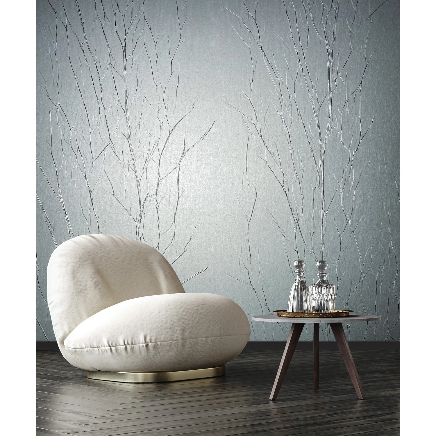 Moderne, silberne Vliestapete mit Crushed-Optik und Streifen-Design von Marburg (10,05 m x 0,7 m).