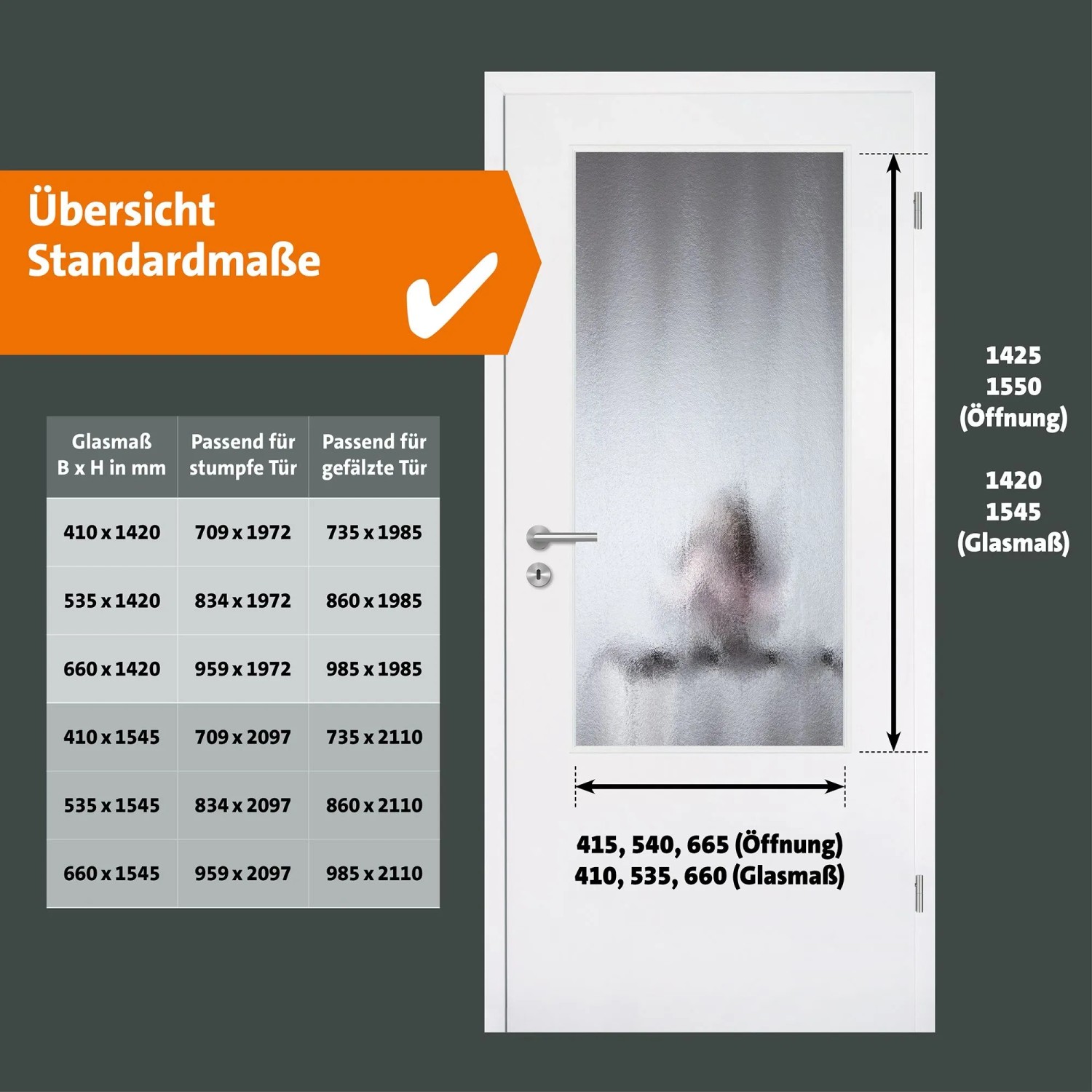 Skyscope Portal Lichtausschnitt ESG Chinchilla für Holztüren. Übersicht Standardmaße, Glaseinsatz in weißer Innentür.