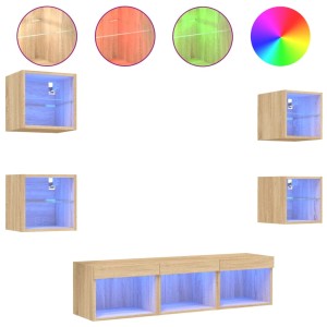7-tlg. Wohnwand Sonoma-Eiche mit LED-Beleuchtung, Holzwerkstoff, Glas, RGB-Farben.