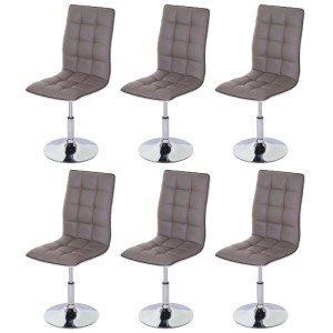 Sechs taupe-graue Esszimmerstühle aus Kunstleder mit Ziernaht, verchromtem Standfuß und Gasfeder. 6er-Set.