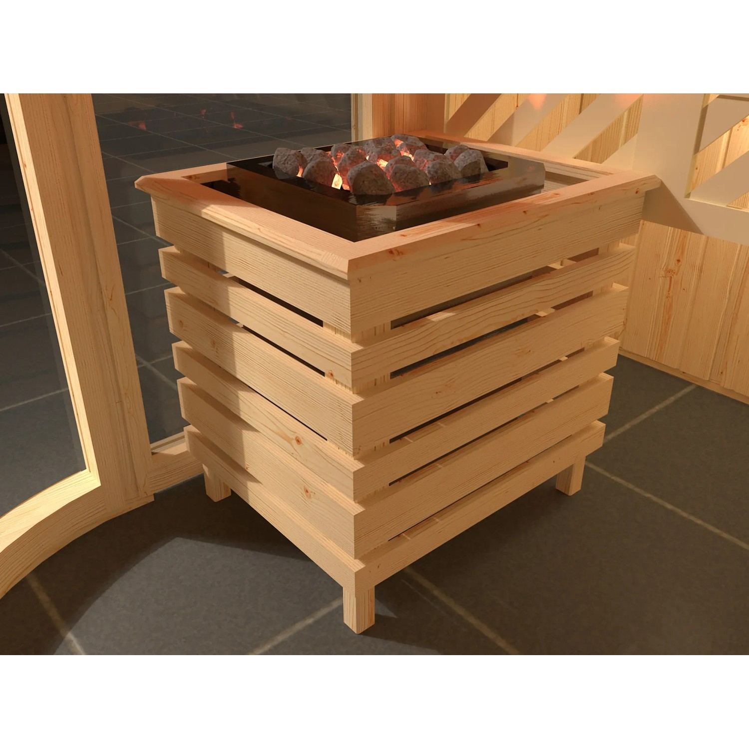 Weka Saunaofen BioS 7,5 kW mit Ofenschutz aus Fichtenholz für Weka Designsauna Sara 1.
