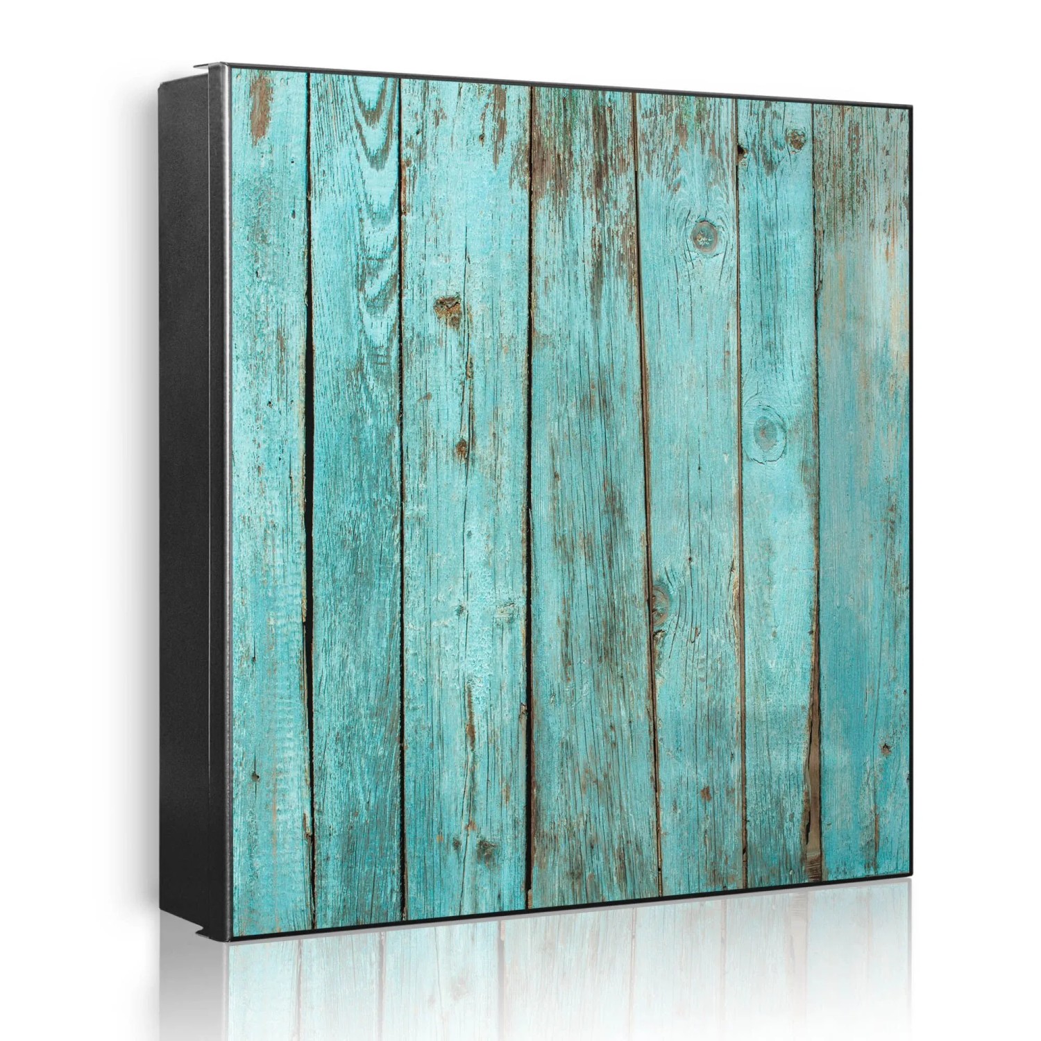 Banjado Großer Schlüsselkasten Metall 30x30cm Schwarz Scharnier Links 50 Haken Beschreibbar Magnetisch Motiv Blaues Holz
