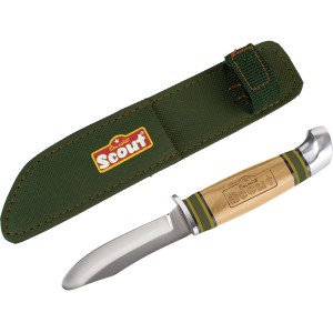 Scout Schnitzmesser für Kinder mit Holzgriff und grüner Messerscheide.