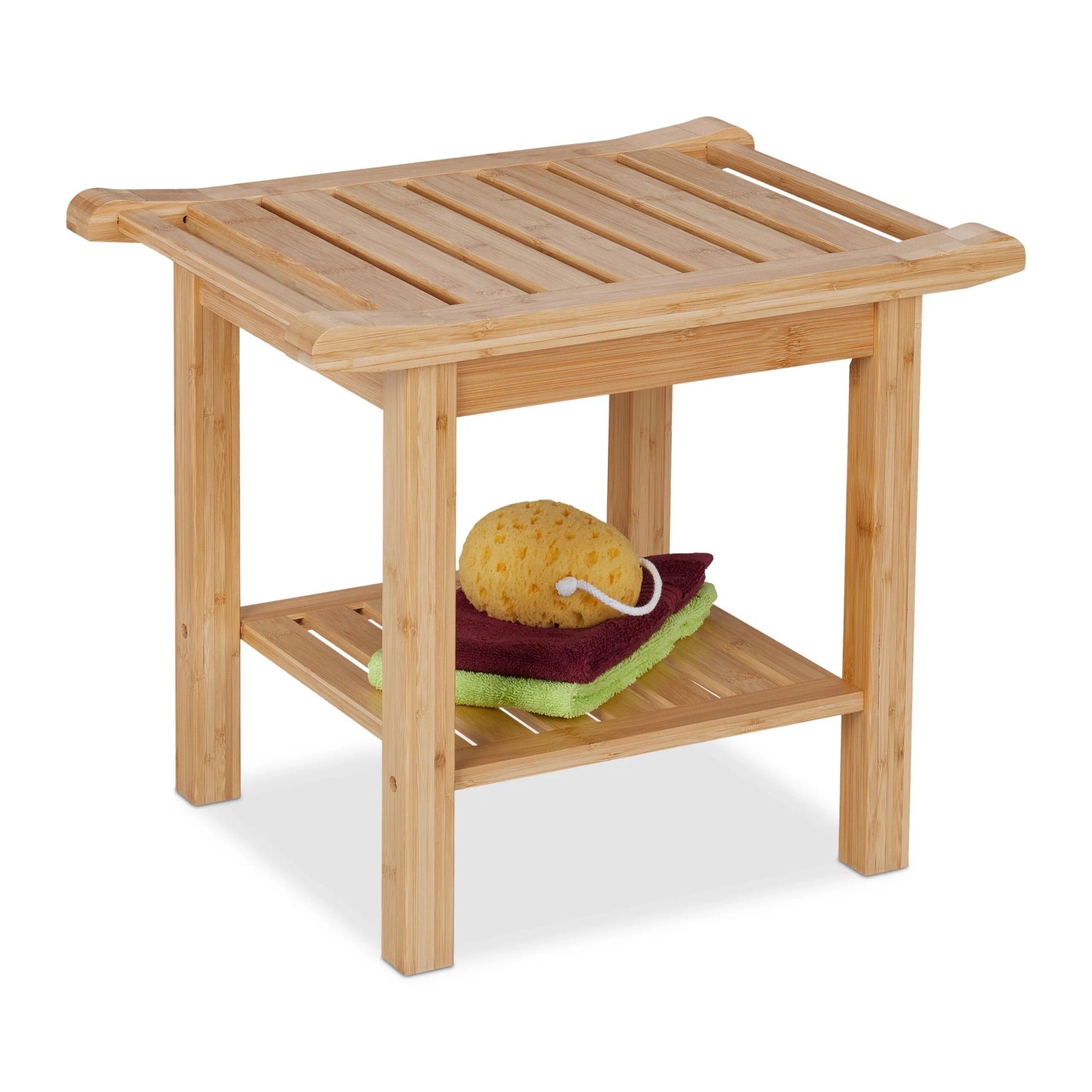Relaxdays Badhocker Bambus Natur Mit Griffen und Ablage 45 x 55 x 40,5 cm