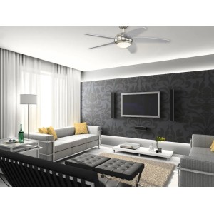 WESTINGHOUSE Deckenventilator Bendan in Silber mit LED-Beleuchtung im Wohnzimmer.
