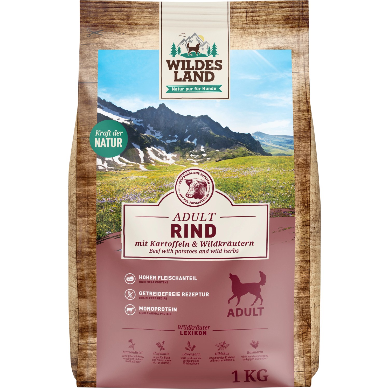 Wildes Land Hunde-Trockenfutter Rind mit Kartoffeln und Wildkräutern 1 kg