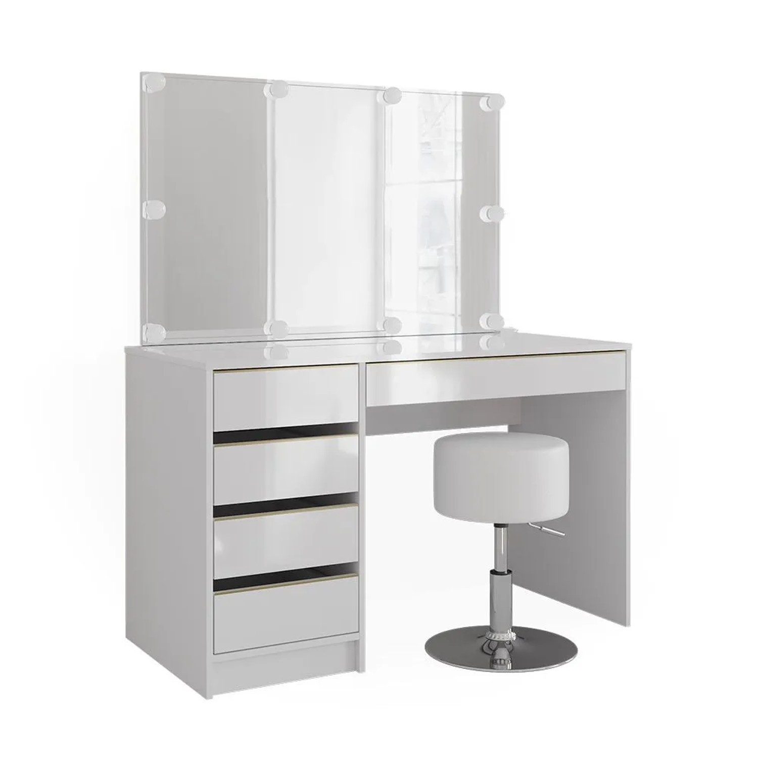 Vicco Schminktisch Sherry Weiß/Gold 120 x 145 mit Spiegel, LED-Lichterkette und Hocker