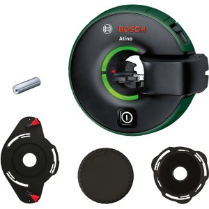 Bosch Atino All-in-One Linienlaser mit Zubehör: Maßband, Gel- und Pin-Pads, Batterie.