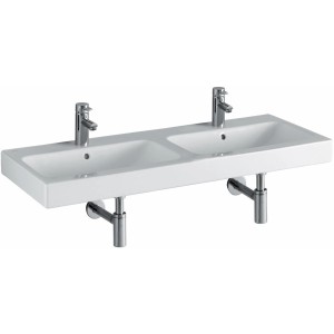 Geberit iCon Doppelwaschbecken, 120 cm, Weiß mit KeraTect Beschichtung und zwei Hahnlöchern.