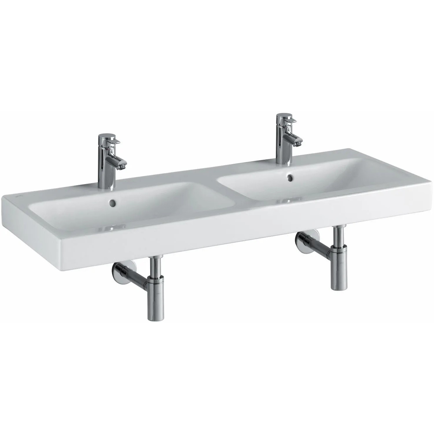 Geberit iCon Doppelwaschbecken, 120 cm, Weiß mit KeraTect Beschichtung und zwei Hahnlöchern.