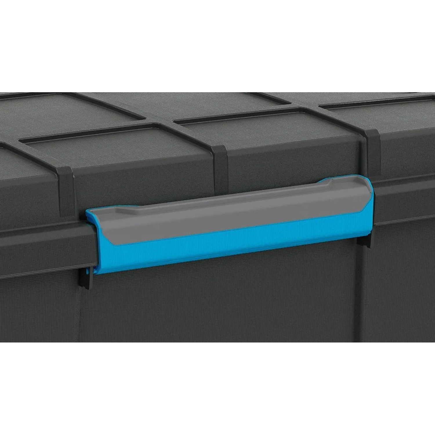 Detailaufnahme: Schwarze Scuba Aufbewahrungsbox L mit blau-grauem Verschluss und Rollen.