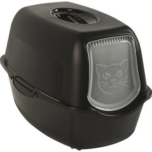 Schwarze Rotho Katzentoilette Eco Bailey mit Schwingtür und Aktivkohlefilter.