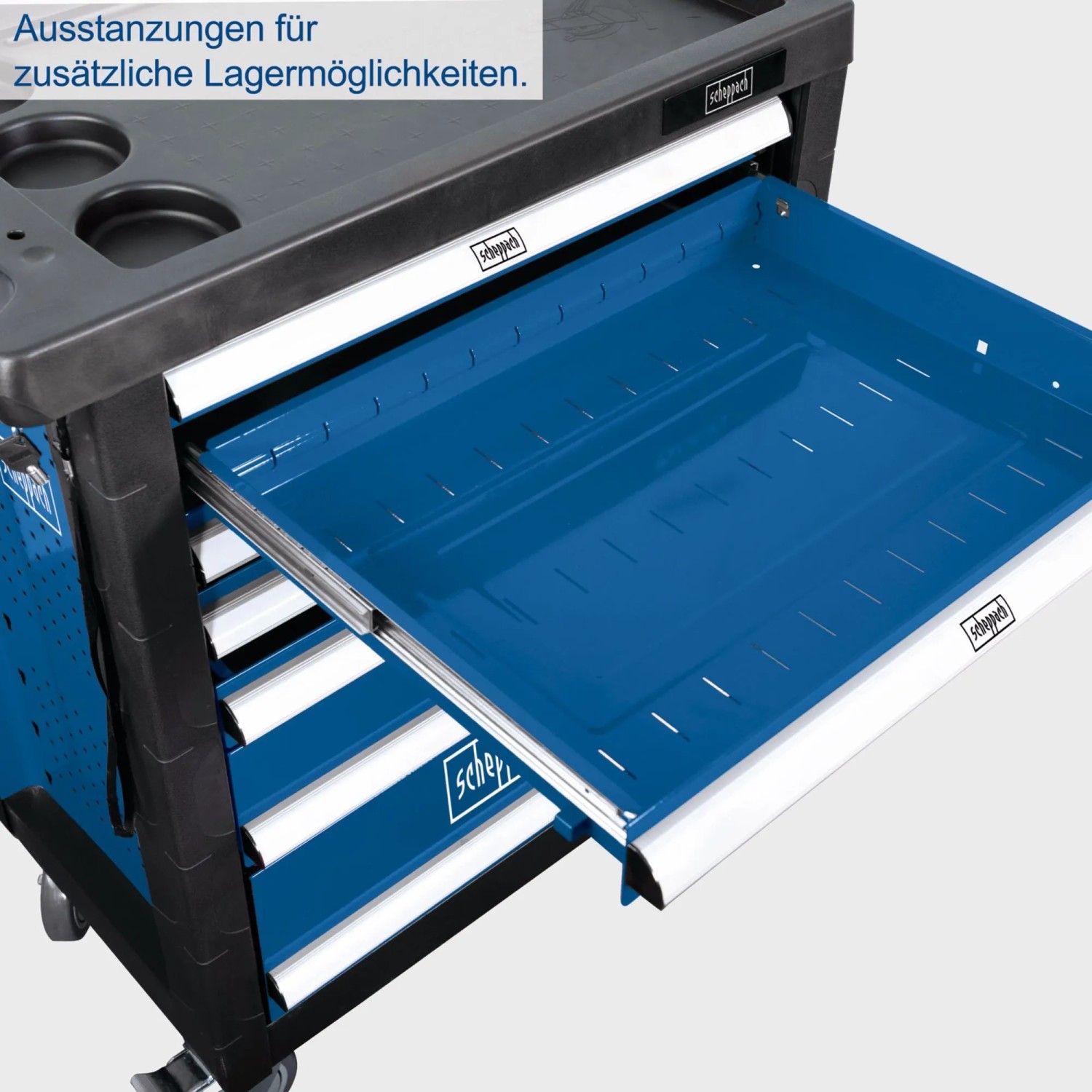 Scheppach Werkstattwagen TW1100 mit offener Schublade, gefüllt mit Werkzeug.