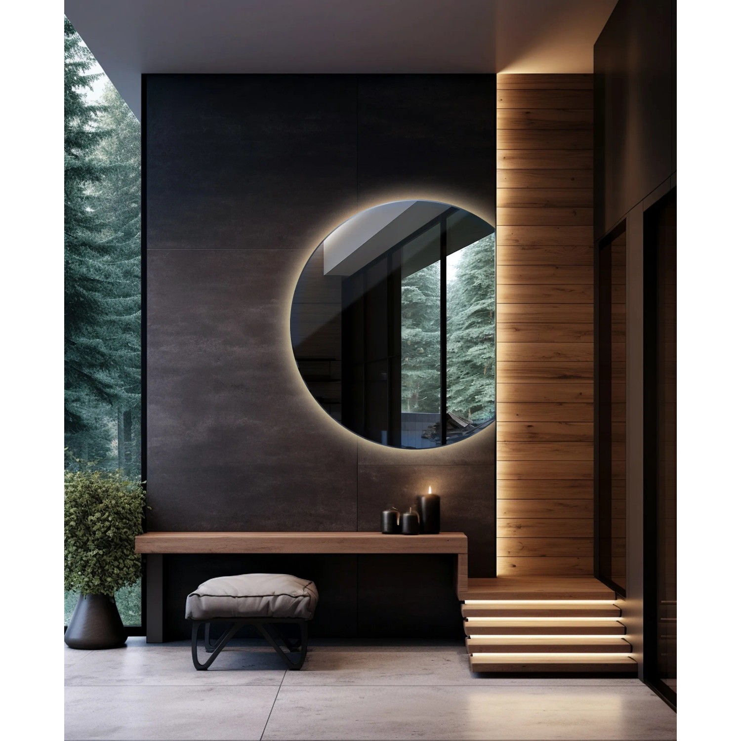 Runder LED-Spiegel mit neutralweißem Licht an dunkler Wand, reflektiert Wald. Modernes Design für Bad, Flur.