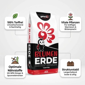 Galamio Blumenerde torffrei 40l Sack. Weißer Beutel mit rotem Blumenlogo, Marienkäfer. Für vitale Pflanzen, strukturstabil.