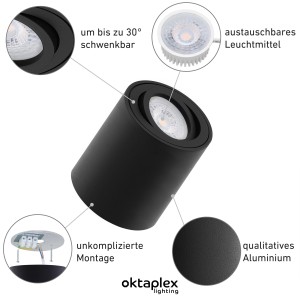 Schwarzer Oktaplex Aufbaustrahler Lile M, 6er Set, aus Aluminium für GU10 Leuchtmittel. Deckenspot für Lampen & Leuchten.