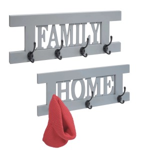 2-teilige Wandgarderobe im Shabby-Look Grau-Blau mit Schriftzug "Home" und "Family" und Metallhaken.