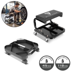 STAHLWERK Werkstatthocker mit Werkzeug-Caddy, mobil, belastbar bis 118 kg, mit 5 Fächern.