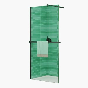 Walk-in Duschabtrennung aus Klarglas mit schwarzem Rahmen, Duschregal und Handtuchhalter. Modern für Duschen.