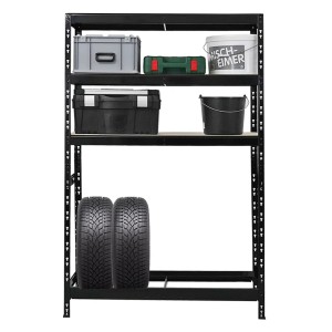 Schwarzes PROREGAL Reifenregal Tiger mit Reifen, Werkzeugkisten und Farbeimern. Regale & Regalböden.