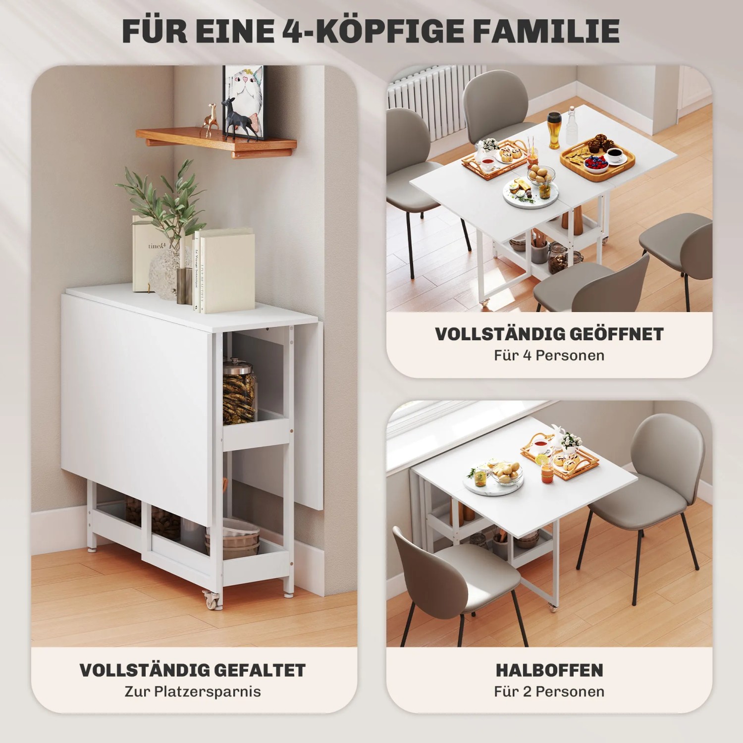 HOMCOM Esstisch, weiß, ausklappbar, für 2-4 Personen, mit Ablagefächern. Ideal für kleine Räume.