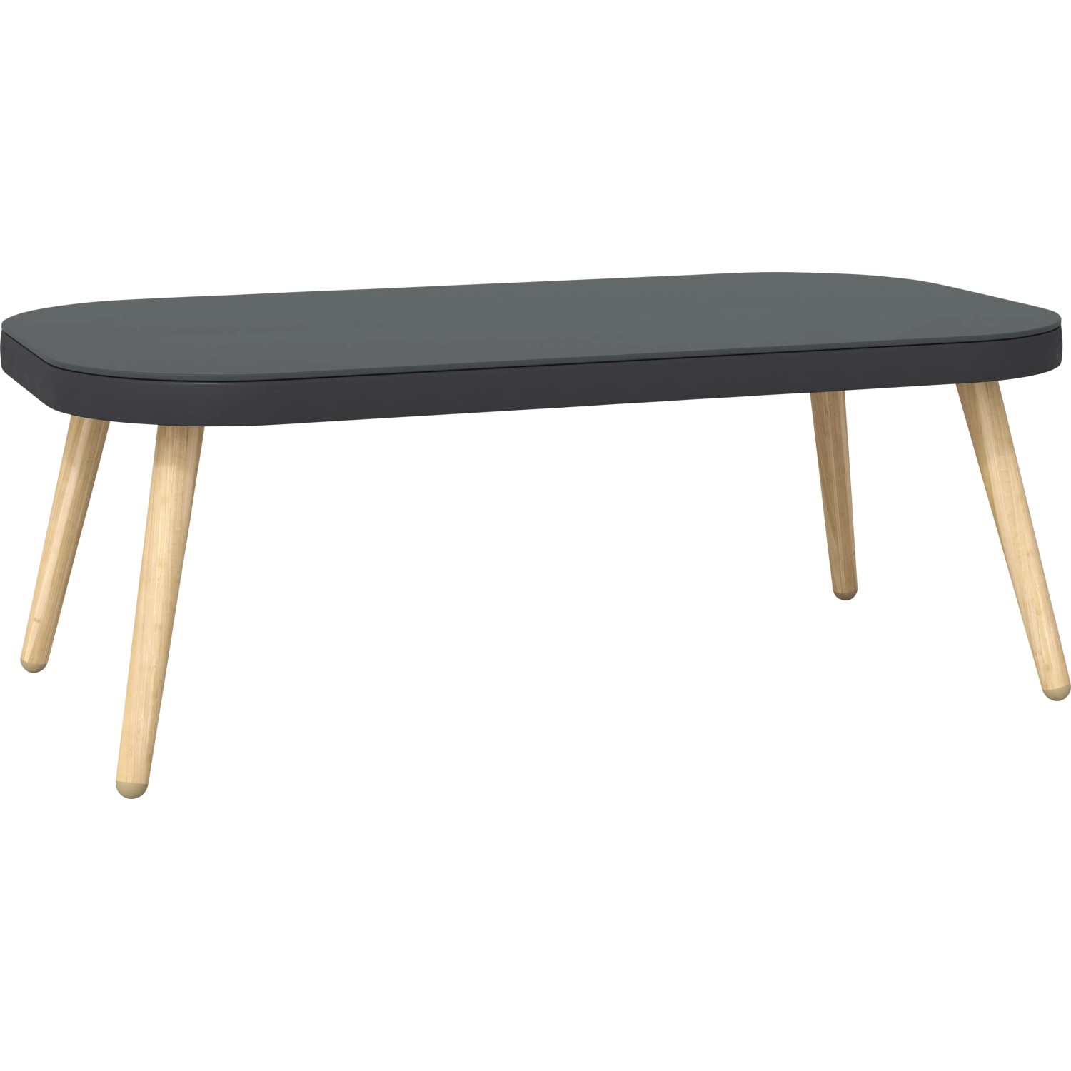 Tisch des Lounge-Sets Edna, anthrazitfarbene Platte, helle Holzbeine.
