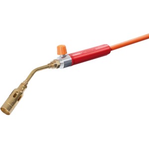 Rothenberger Propan-Lötset mit rotem Griff, Messingbrenner und orangem Schlauch.