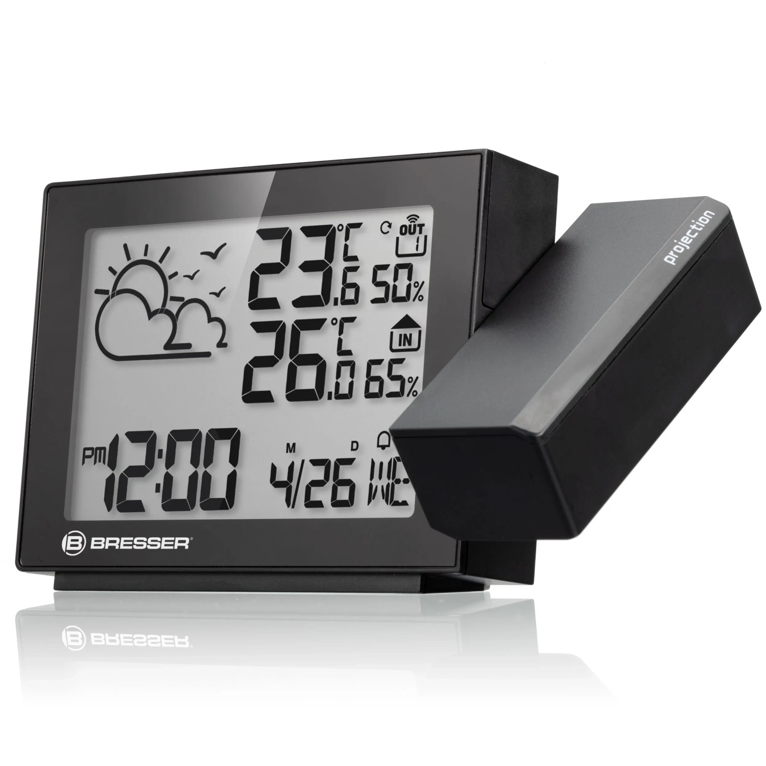Bresser MeteoTemp P Funk-Wetterstation mit Projektion von Wetterdaten und Uhrzeit.