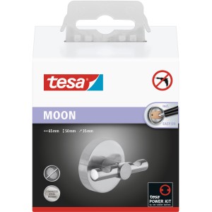 Verpackung des Tesa Doppelhaken Moon aus Edelstahl, Handtuchhalter zur Wandmontage ohne Bohren.
