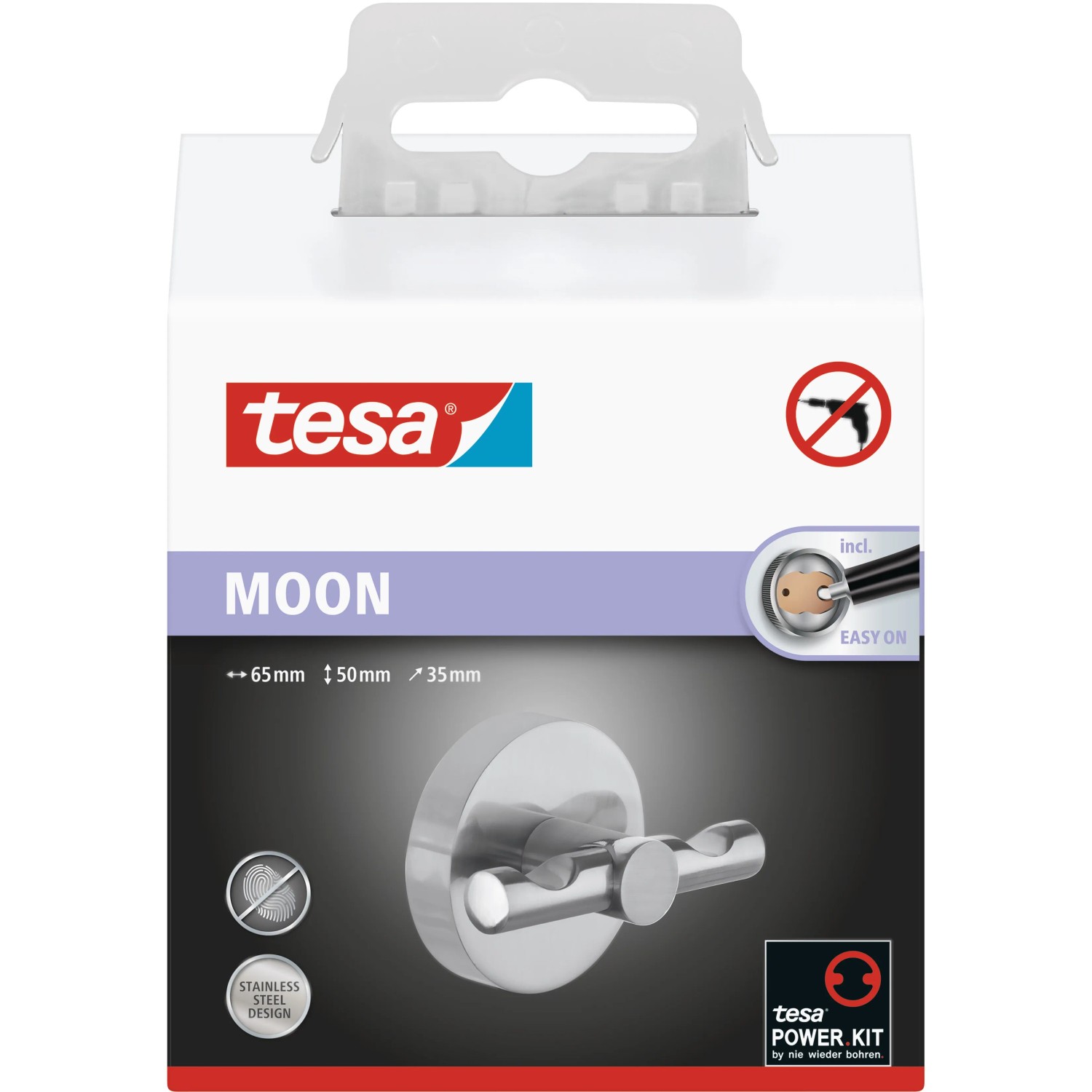 Verpackung des Tesa Doppelhaken Moon aus Edelstahl, Handtuchhalter zur Wandmontage ohne Bohren.